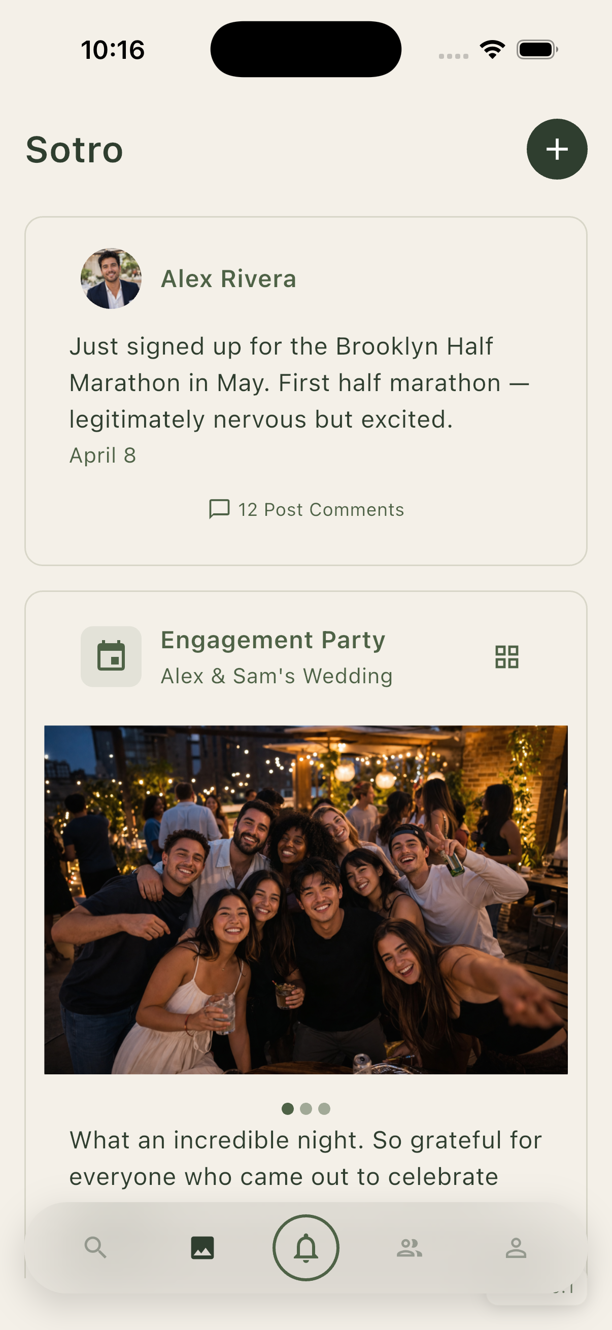 Sotro feed with blips and event recaps