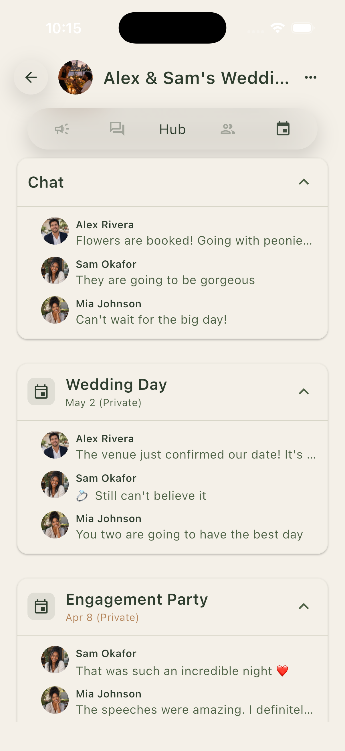Sotro group hub with topics and event chats